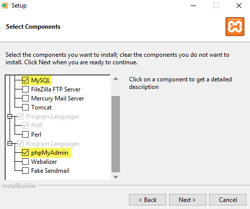 XAMPP select install components.